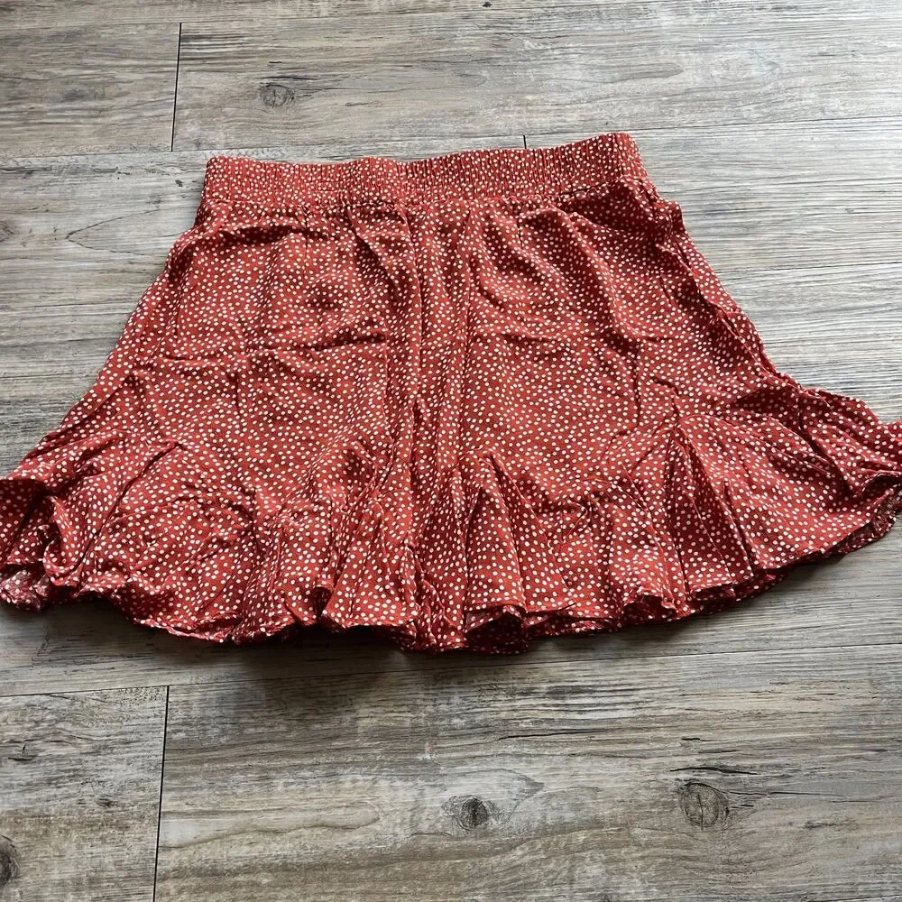LOFT Puff Sleeve Dotted Smocked Top and Skirt SET Medium Red Orange White